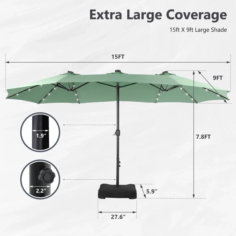 MAISON ARTS Parasol excentré rectangulaire de 4,5 m avec manivelle, parasol de marché double face d'extérieur avec lumières LED solaires et base incluse