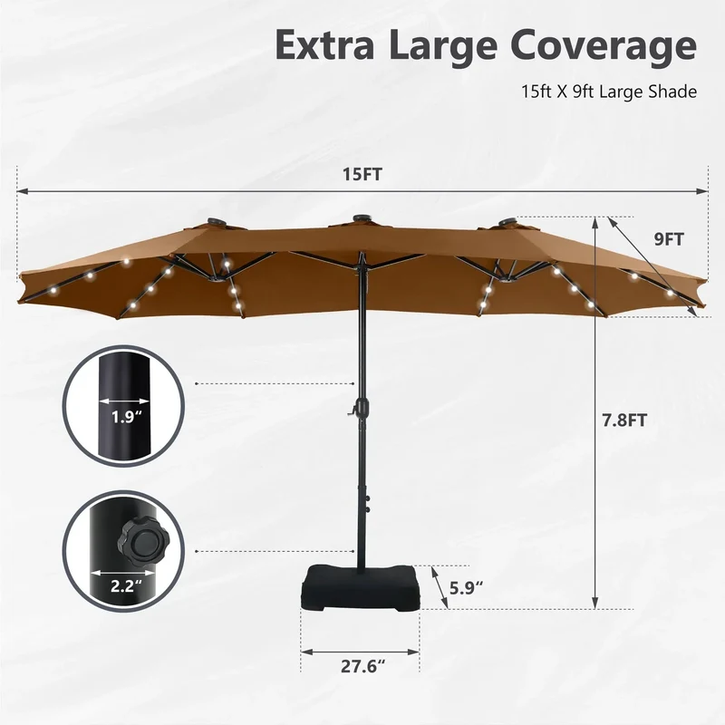 MAISON ARTS Parasol excentré rectangulaire de 4,5 m avec manivelle, parasol de marché double face d'extérieur avec lumières LED solaires et base incluse