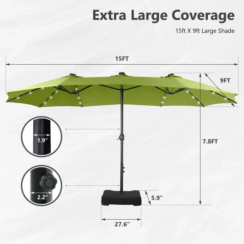 MAISON ARTS Parasol excentré rectangulaire de 4,5 m avec manivelle, parasol de marché double face d'extérieur avec lumières LED solaires et base incluse