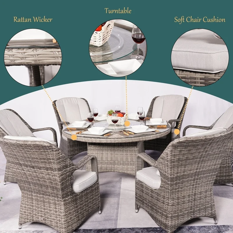 Ensemble de salle à manger rond 7 pièces en rotin tressé d'extérieur avec coussins par Moda Furnishings