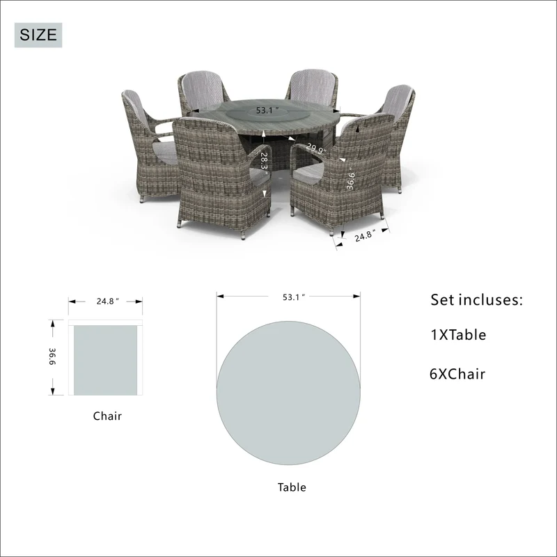 Ensemble de salle à manger rond 7 pièces en rotin tressé d'extérieur avec coussins par Moda Furnishings