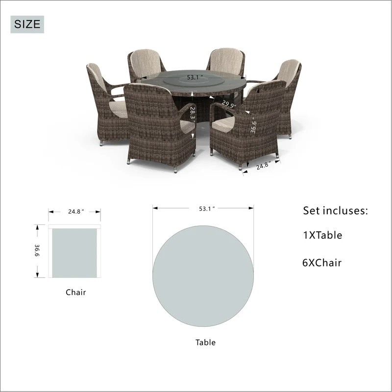Ensemble de salle à manger rond 7 pièces en rotin tressé d'extérieur avec coussins par Moda Furnishings