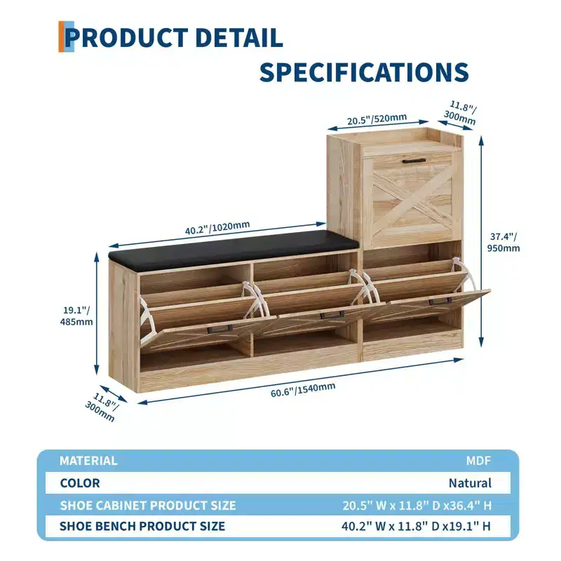 Meuble à chaussures de ferme, Banc d'entrée en bois avec 4 tiroirs basculants, Organisateur de chaussures étroit et caché, Étagère à chaussures autoportante pour couloir et foyer