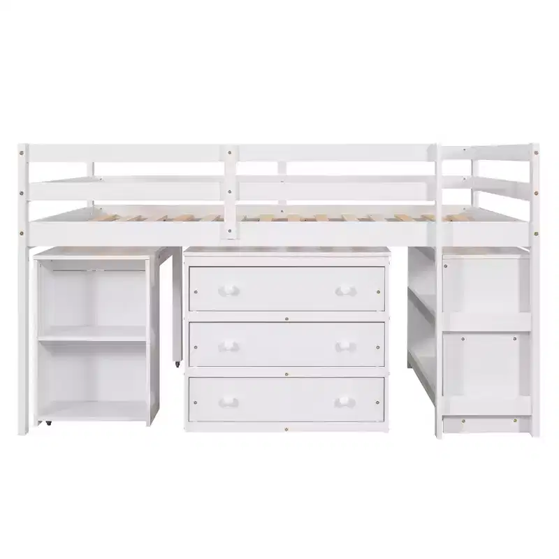 Lit bas mezzanine pleine grandeur avec bureau roulant, 3 tiroirs et étagères