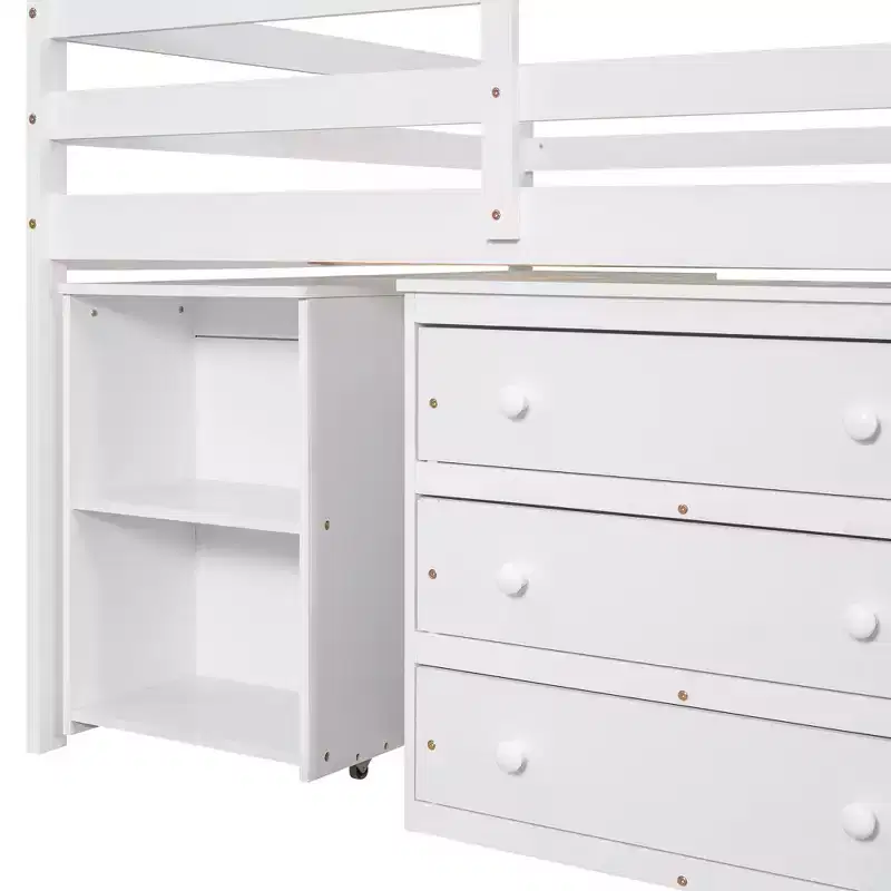 Lit bas mezzanine pleine grandeur avec bureau roulant, 3 tiroirs et étagères