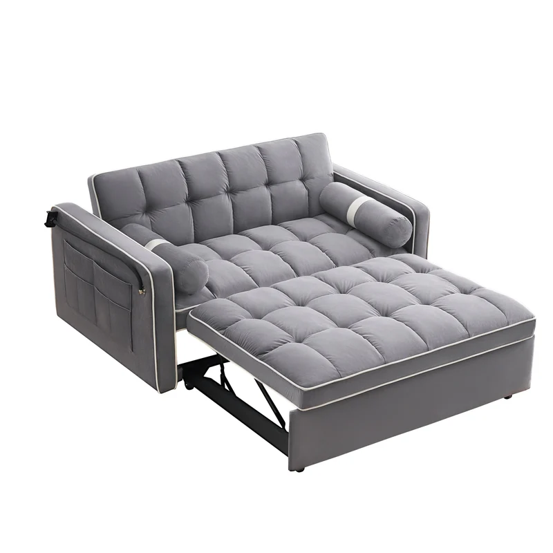 Canapé-lit convertible en velours 55'' 2 places avec lit gigogne, dossier inclinable, poches latérales et support de téléphone