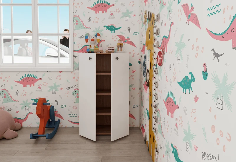 Armoire Land 105 cm - Blanc et Noyer polyvalente avec 2 porte