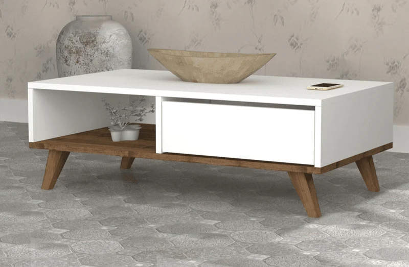 Table Basse MIRA 120cm - Blanc et noyer - Salon et séjour