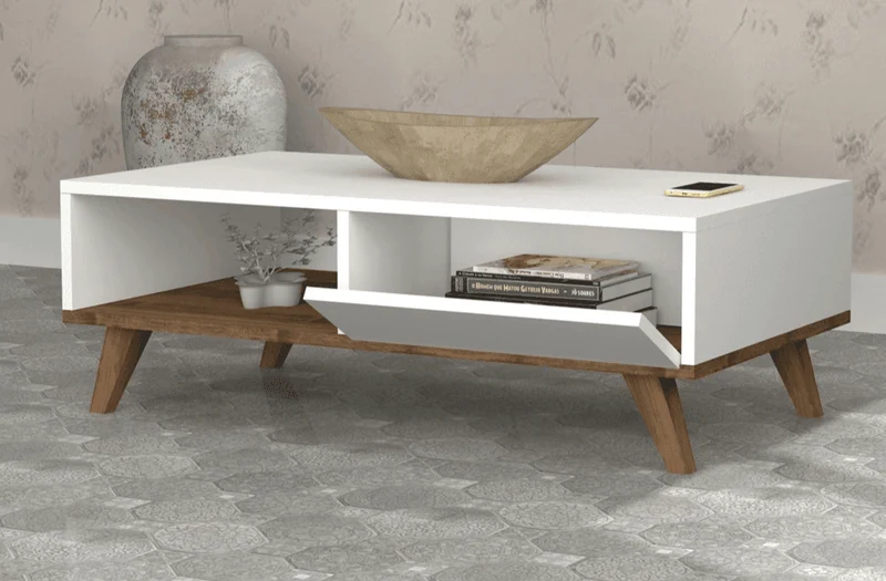 Table Basse MIRA 120cm - Blanc et noyer - Salon et séjour