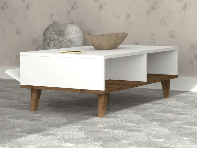 Table Basse MIRA 120cm - Blanc et noyer - Salon et séjour