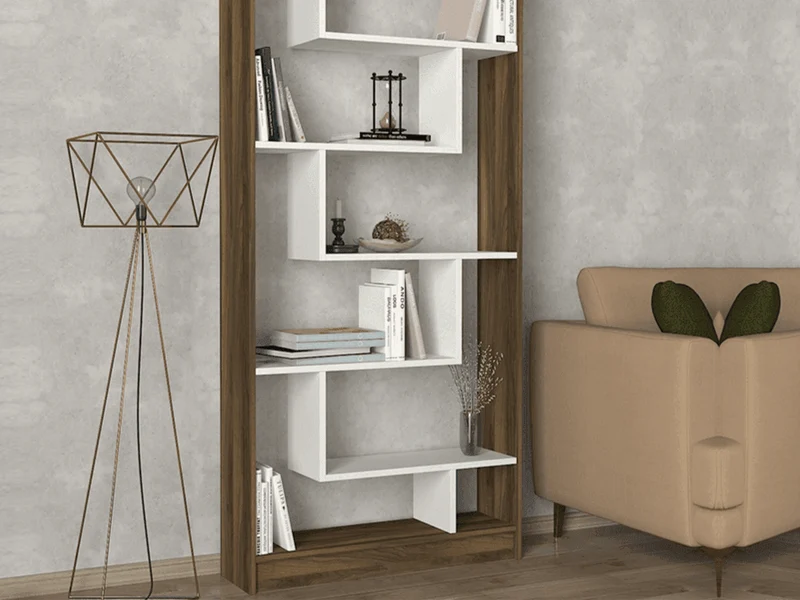 Bibliothèque RUPERT 180cm - Blanc et Noyer - étagères de rangement