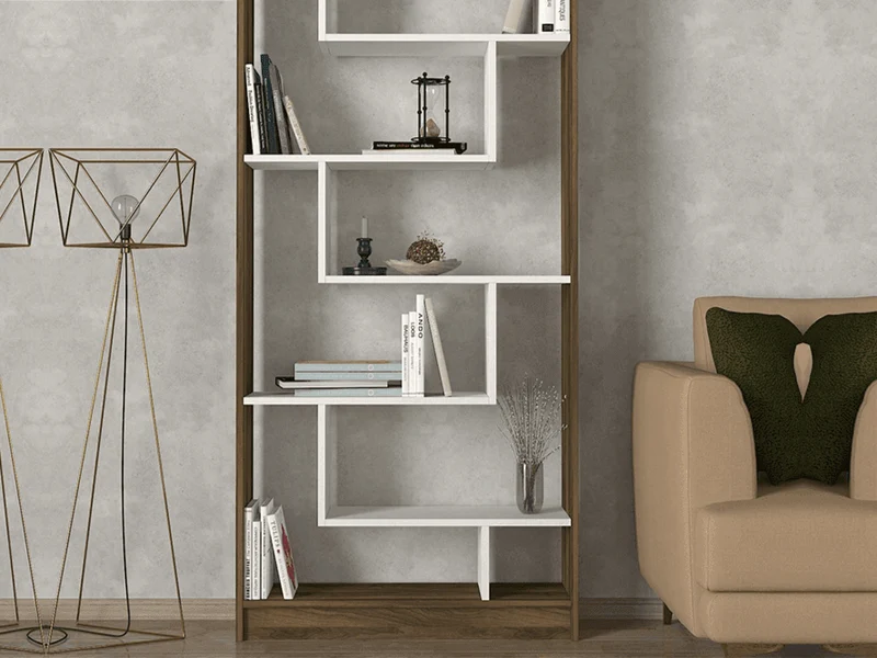 Bibliothèque RUPERT 180cm - Blanc et Noyer - étagères de rangement