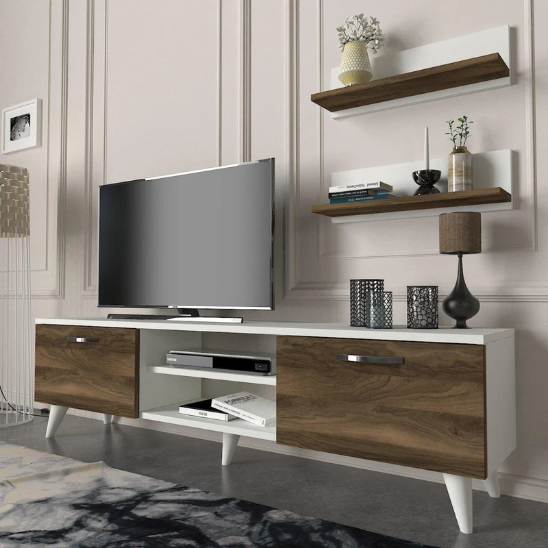 Meuble TV SELCAEG 180cm - Blanc et Noyer - Salon et séjour