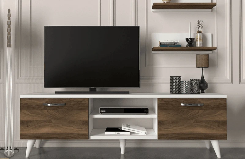 Meuble TV SELCAEG 180cm - Blanc et Noyer - Salon et séjour