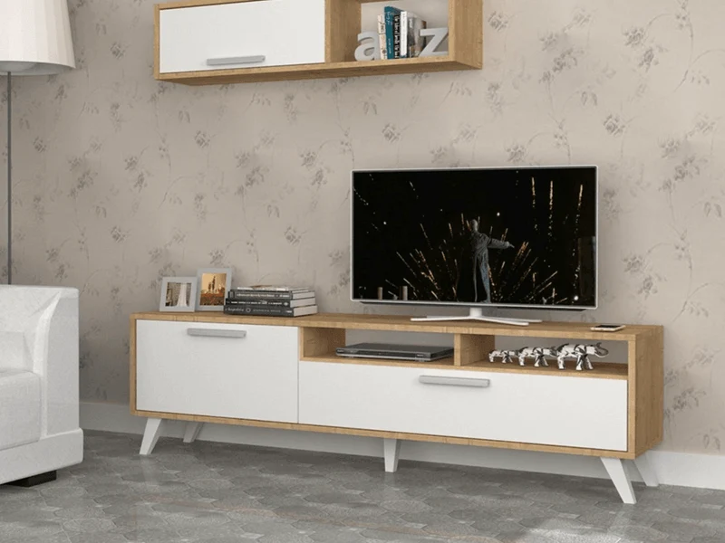MILS 180CM - Meuble TV avec rangement - Chêne et Blanc