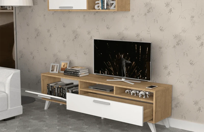 MILS 180CM - Meuble TV avec rangement - Chêne et Blanc