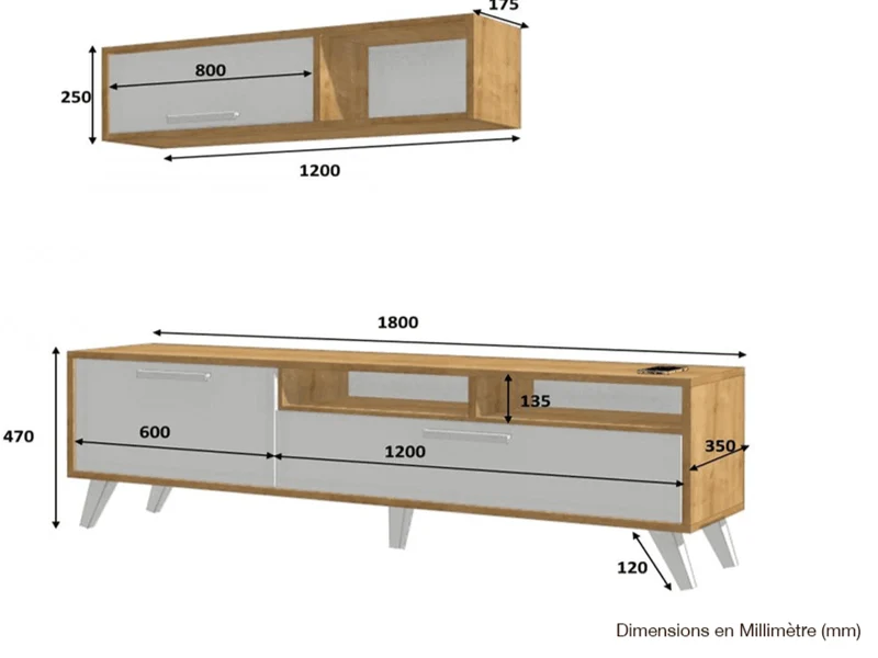 MILS 180CM - Meuble TV avec rangement - Chêne et Blanc