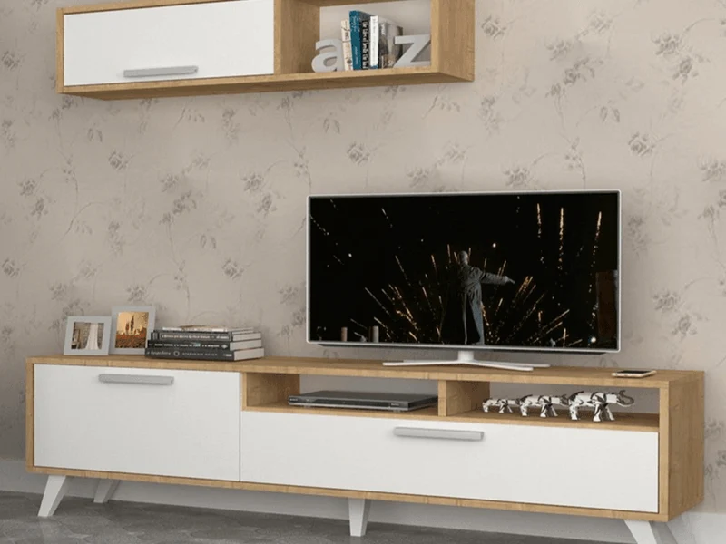 MILS 180CM - Meuble TV avec rangement - Chêne et Blanc