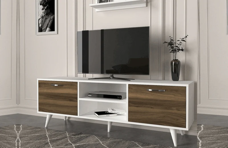 Meuble TV AYKIL 160cm - Noyer et Blanc - Salon et séjour