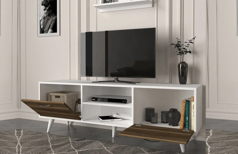 Meuble TV AYKIL 160cm - Noyer et Blanc - Salon et séjour