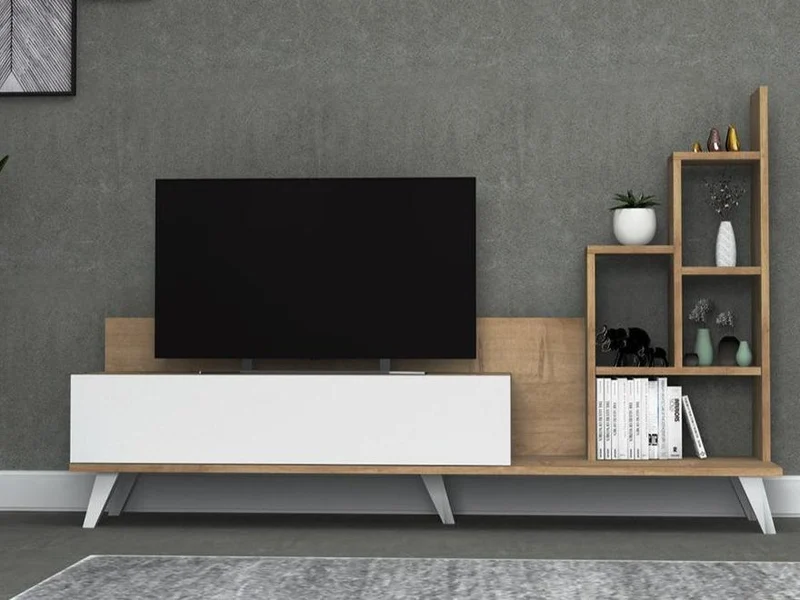 Meuble TV OGNIB avec rangement - Blanc et chêne - Salon et séjour