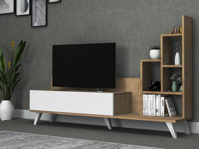 Meuble TV OGNIB avec rangement - Blanc et chêne - Salon et séjour