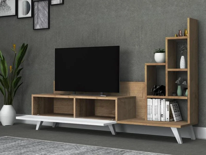 Meuble TV OGNIB avec rangement - Blanc et chêne - Salon et séjour