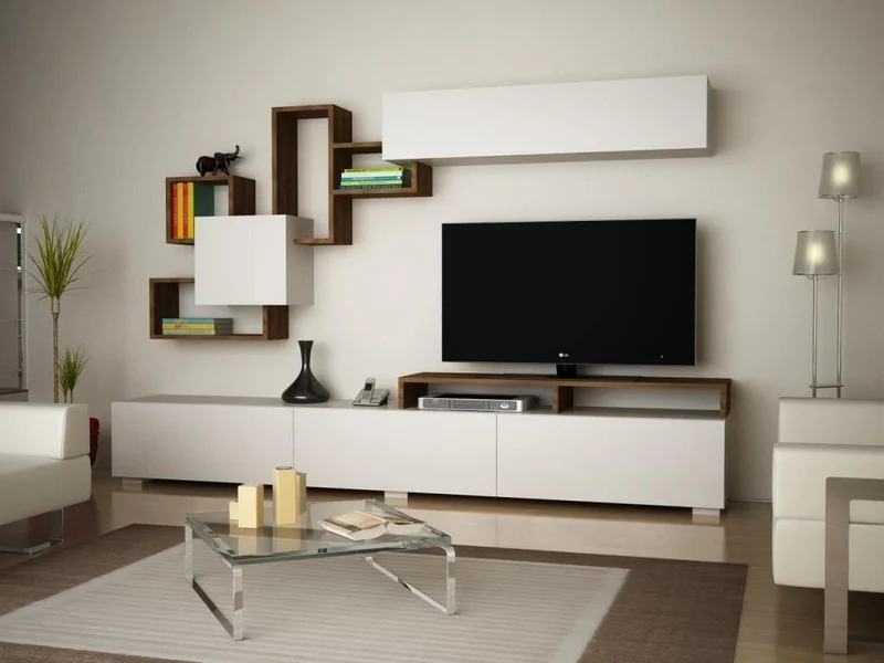 Meuble TV ELIT 210cm avec Rangement mural - Noyer et Blanc - Ameublement Maroc