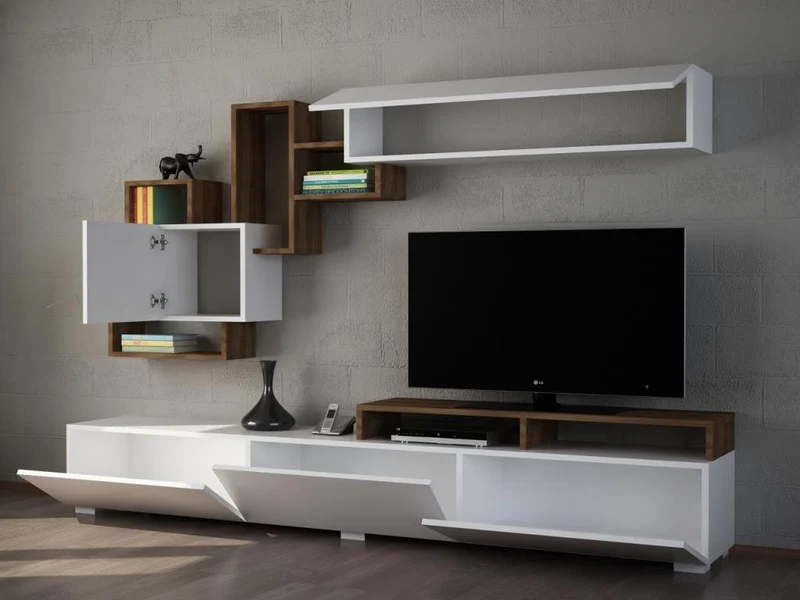 Meuble TV ELIT 210cm avec Rangement mural - Noyer et Blanc - Ameublement Maroc