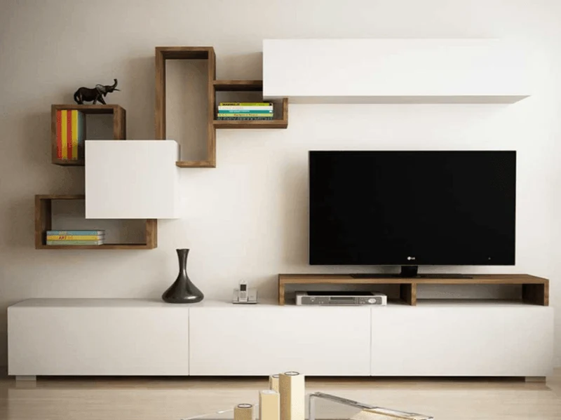 Meuble TV ELIT 210cm avec Rangement mural - Noyer et Blanc - Ameublement Maroc