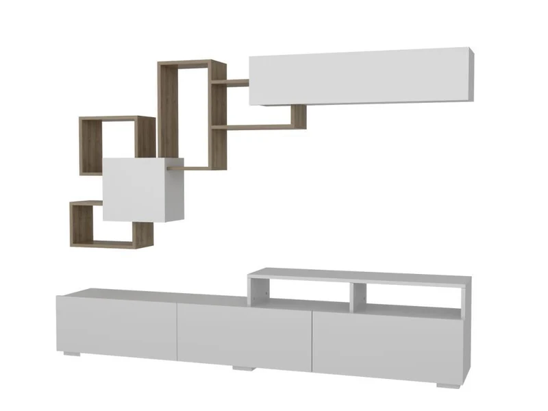Meuble TV ELIT 210cm avec Rangement mural - Noyer et Blanc - Ameublement Maroc