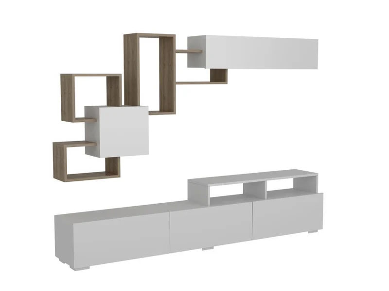 Meuble TV ELIT 210cm avec Rangement mural - Noyer et Blanc - Ameublement Maroc