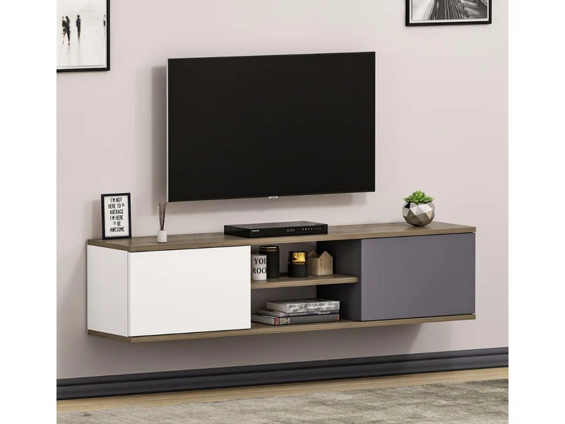 Meuble TV Mural Ayze 160 cm - Anthracite-Blanc-Naturel