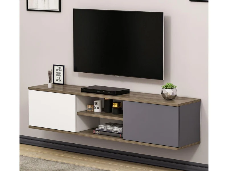 Meuble TV Mural Ayze 160 cm - Anthracite-Blanc-Naturel
