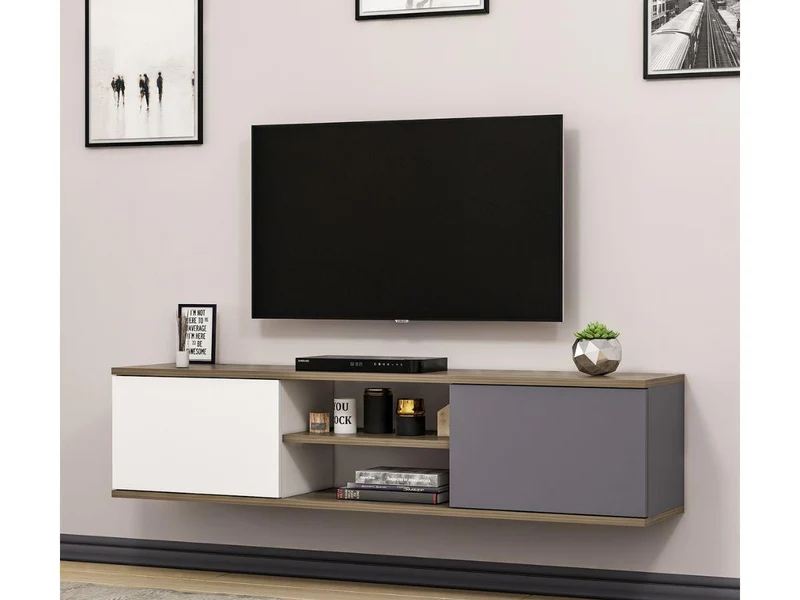 Meuble TV Mural Ayze 160 cm - Anthracite-Blanc-Naturel