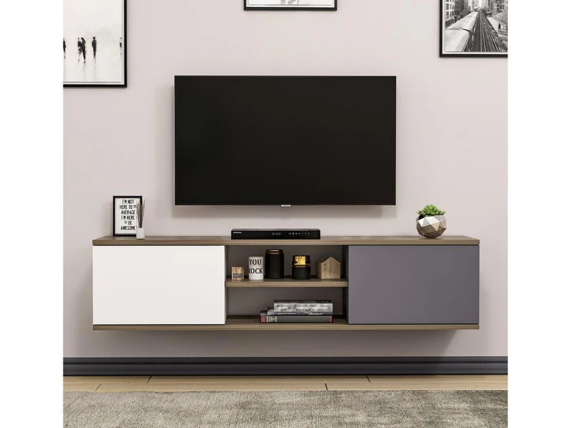 Meuble TV Mural Ayze 160 cm - Anthracite-Blanc-Naturel
