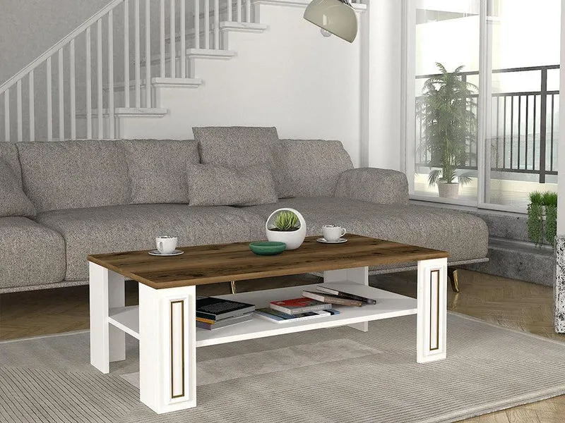 Table Basse SANSA - Blanc, Noyer et doré - Salon et Séjour