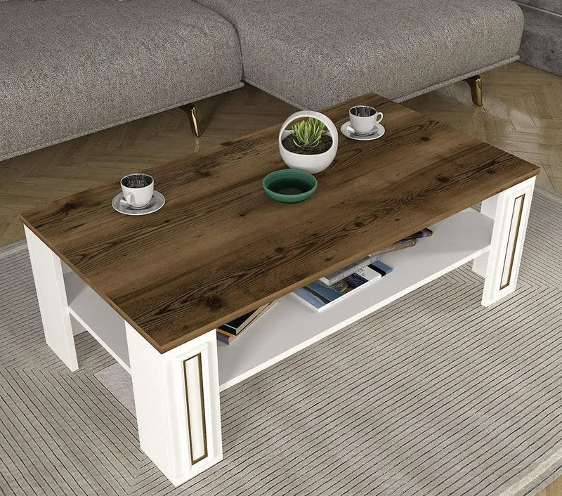 Table Basse SANSA - Blanc, Noyer et doré - Salon et Séjour