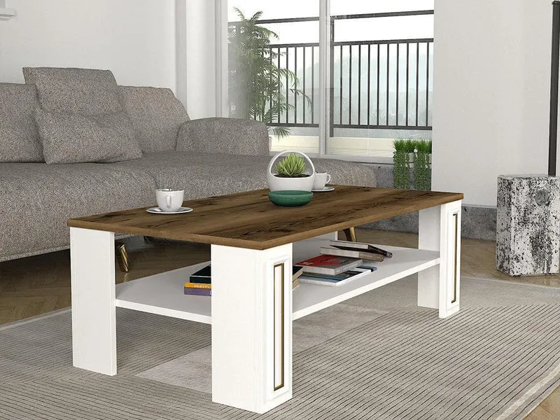 Table Basse SANSA - Blanc, Noyer et doré - Salon et Séjour