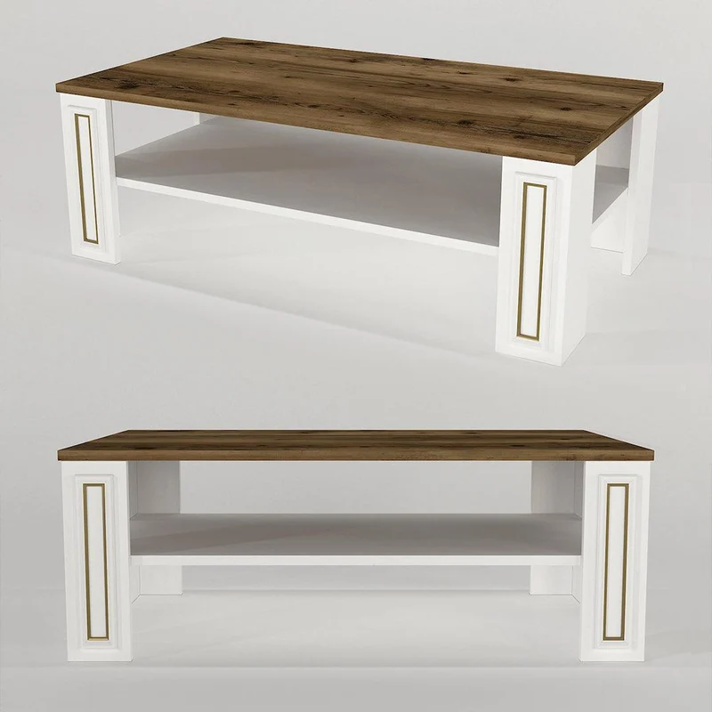 Table Basse SANSA - Blanc, Noyer et doré - Salon et Séjour
