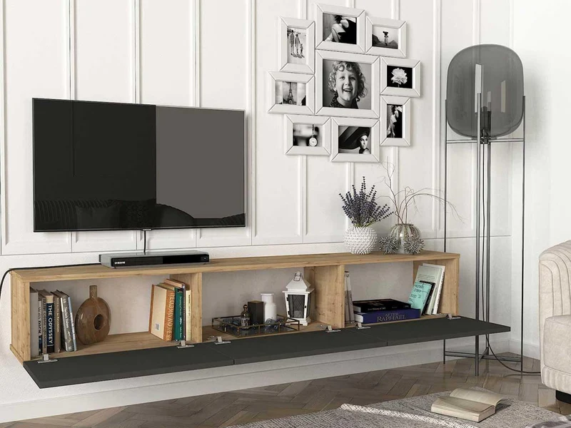 Meuble TV Suspendu ALMAD 180cm - chêne et gris anthracite