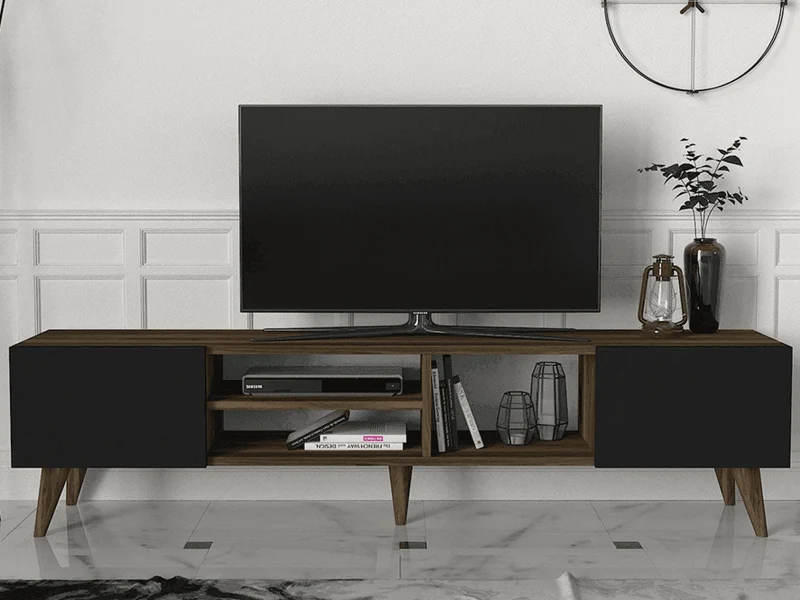 Stand TV ADNOS 160cm - Noyer et Noir - Ameublement Maroc