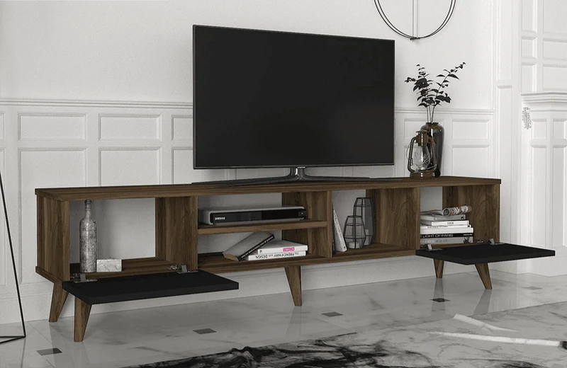 Stand TV ADNOS 160cm - Noyer et Noir - Ameublement Maroc