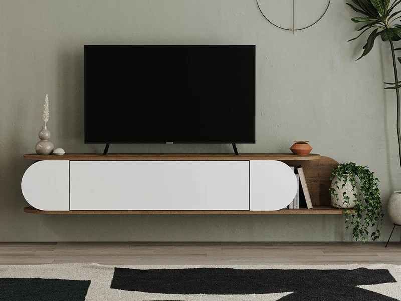 Meuble TV mural moderne TONE 180cm - Noyer et blanc