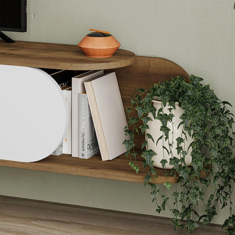 Meuble TV mural moderne TONE 180cm - Noyer et blanc