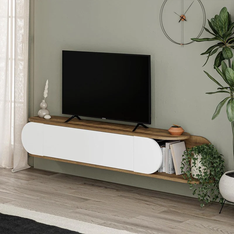 Meuble TV mural moderne TONE 180cm - Noyer et blanc