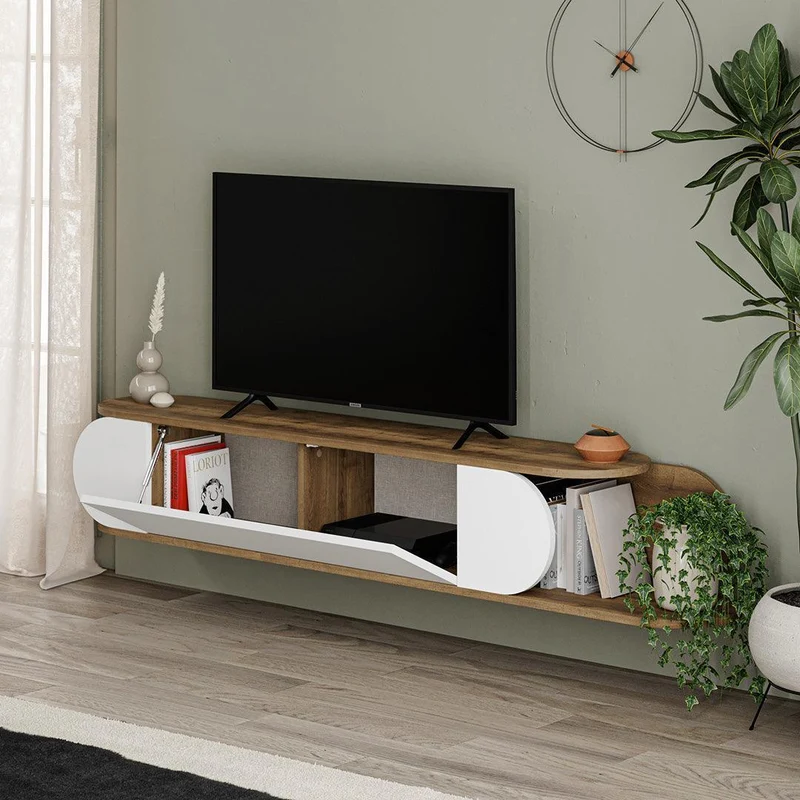 Meuble TV mural moderne TONE 180cm - Noyer et blanc