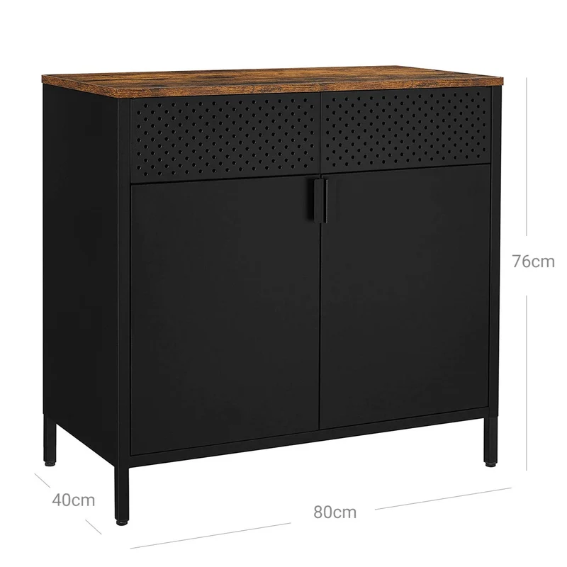 Meuble de rangement buffet double porte aimantée avec étagère réglable pour salle à manger salon cuisine entrée cadre en acier style industriel 80 cm marron rustique et noir 12_0002493
