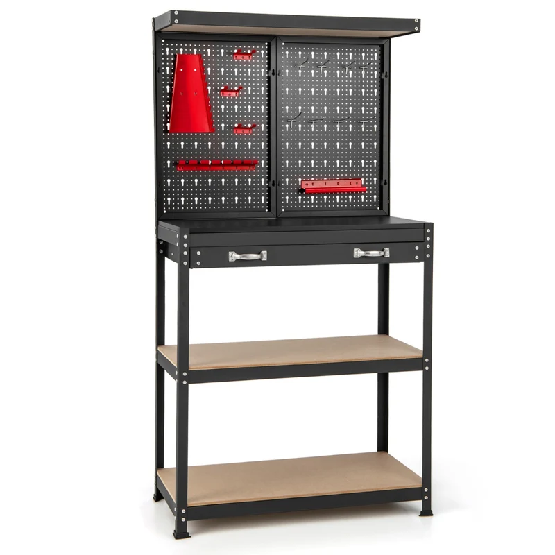 Etabli à outils rangement polyvalent 81 x 41 x 155 cm avec 14 accessoires ergonomique moderne en métal noir et rouge 20_0018404