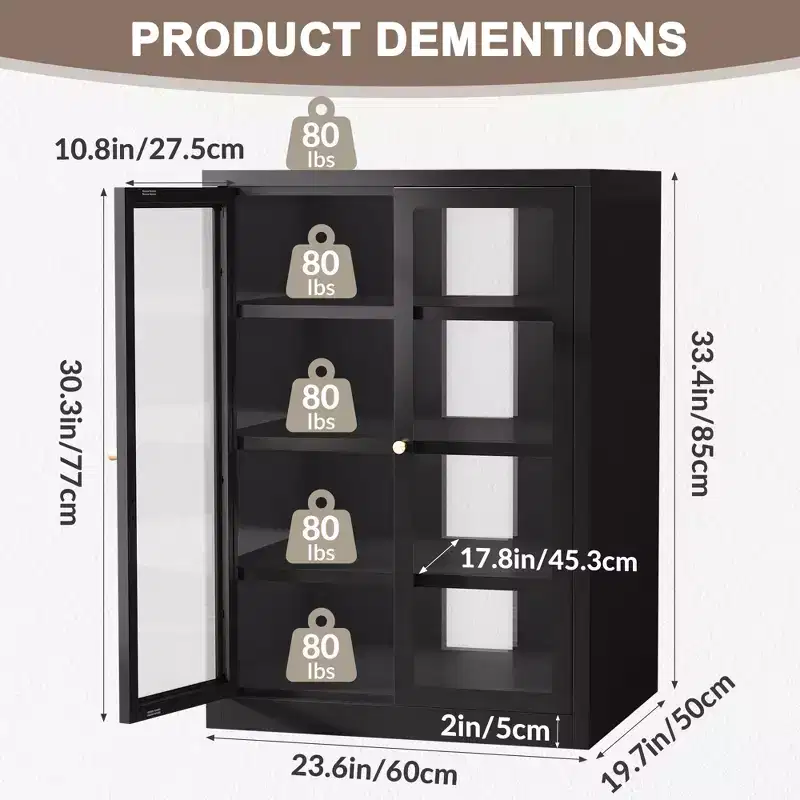 Meuble de rangement pour médias Bekrvio Metal, meuble stéréo à 4 niveaux avec portes en verre et étagères réglables, support audio AV avec gestion des câbles